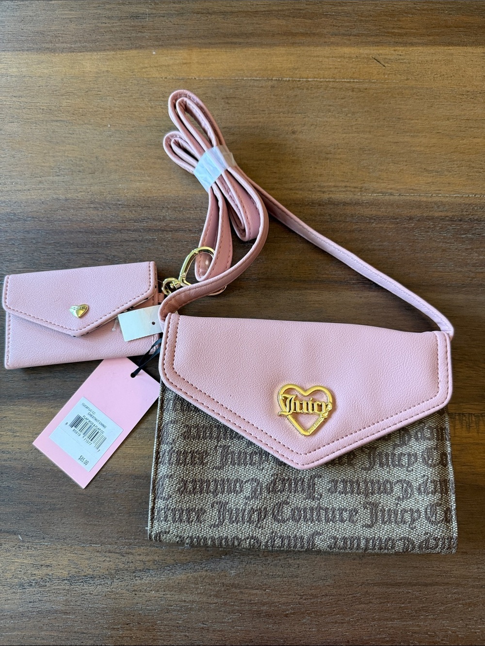 NWT - Juicy Couture Pink & Brown Monogram Crossbody Wallet